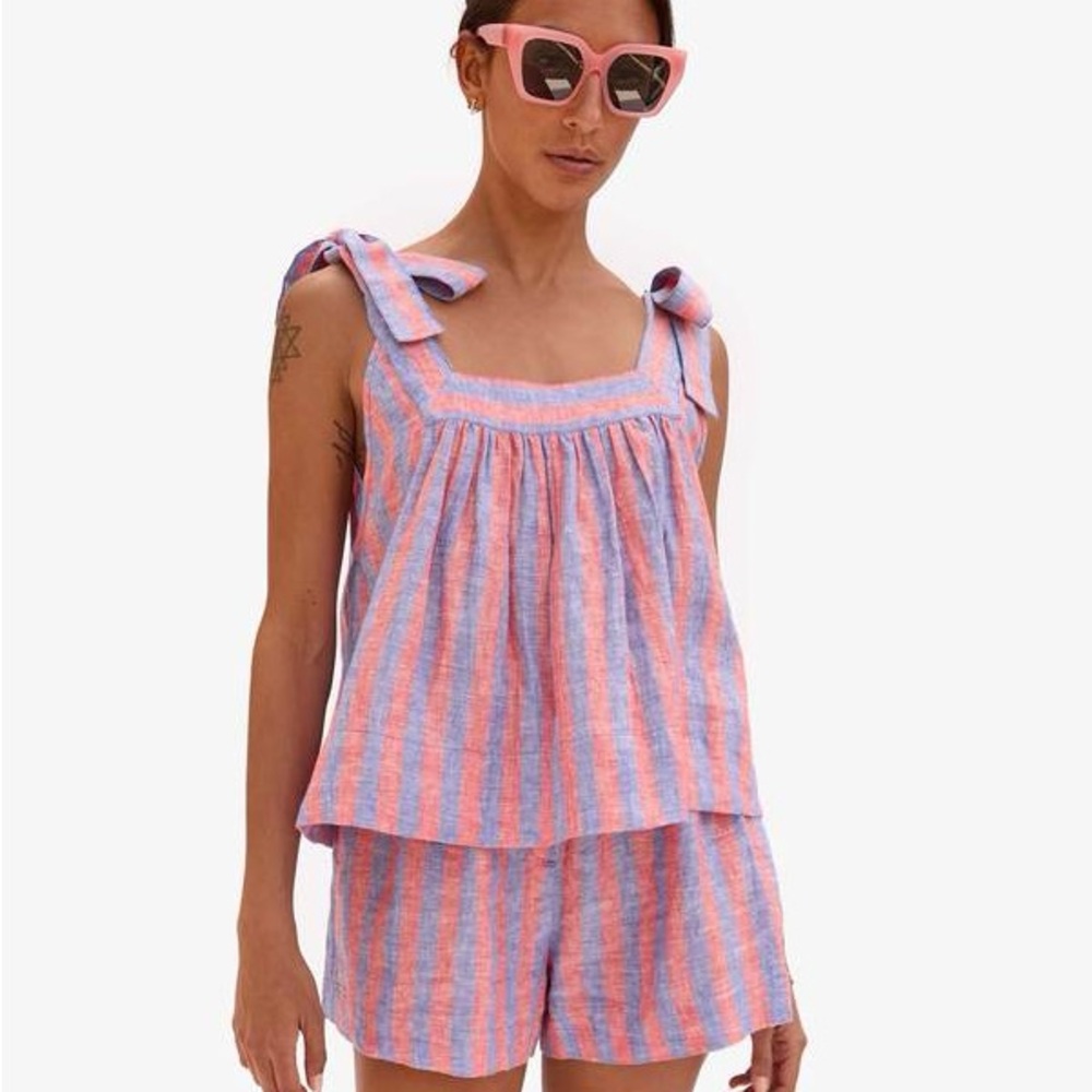 Clare V. Linen Shorts - Pink & Light Blue